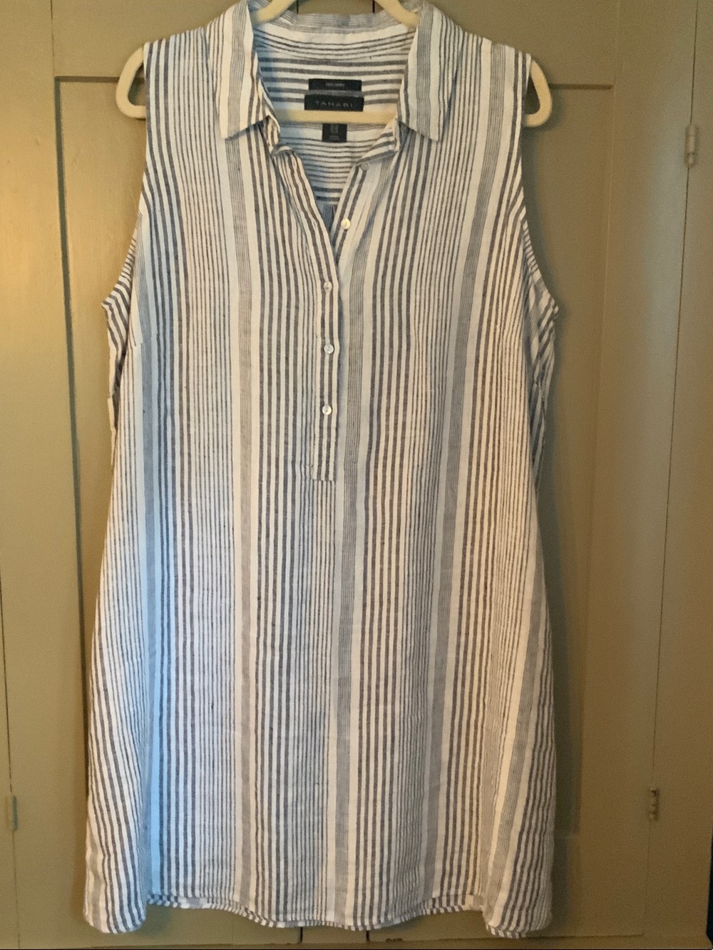 Tahari Blue and White Sleeveless Striped  Linen Dress